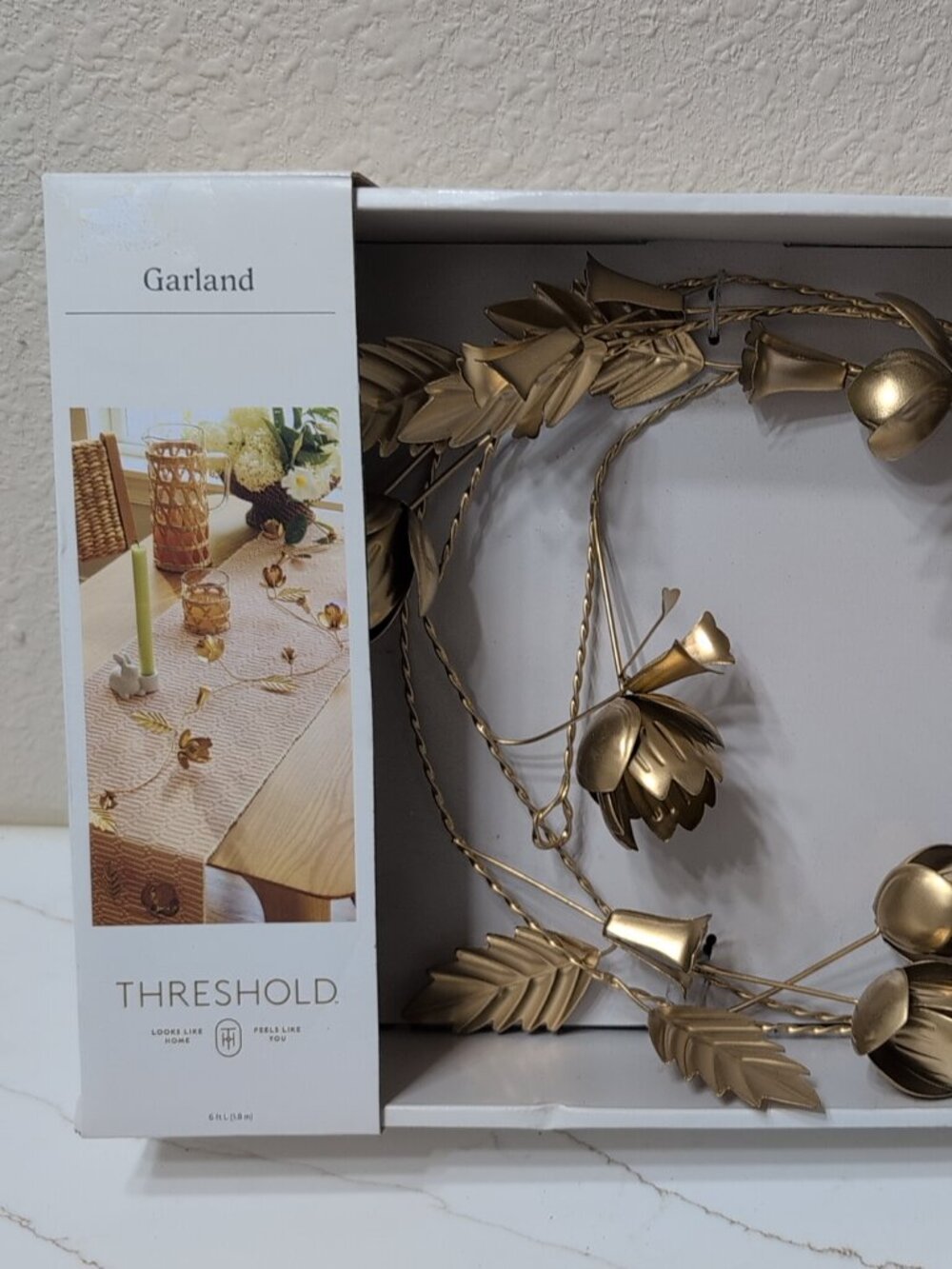 6' Long Threshold Gold Metal Flower Garland Spring Summer Garden New In Box